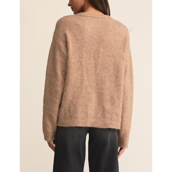 Women's Khaki Oversized Fuzzy Knit Sweater - Cozy Casual Layering Pullover - Picture 5 of 6